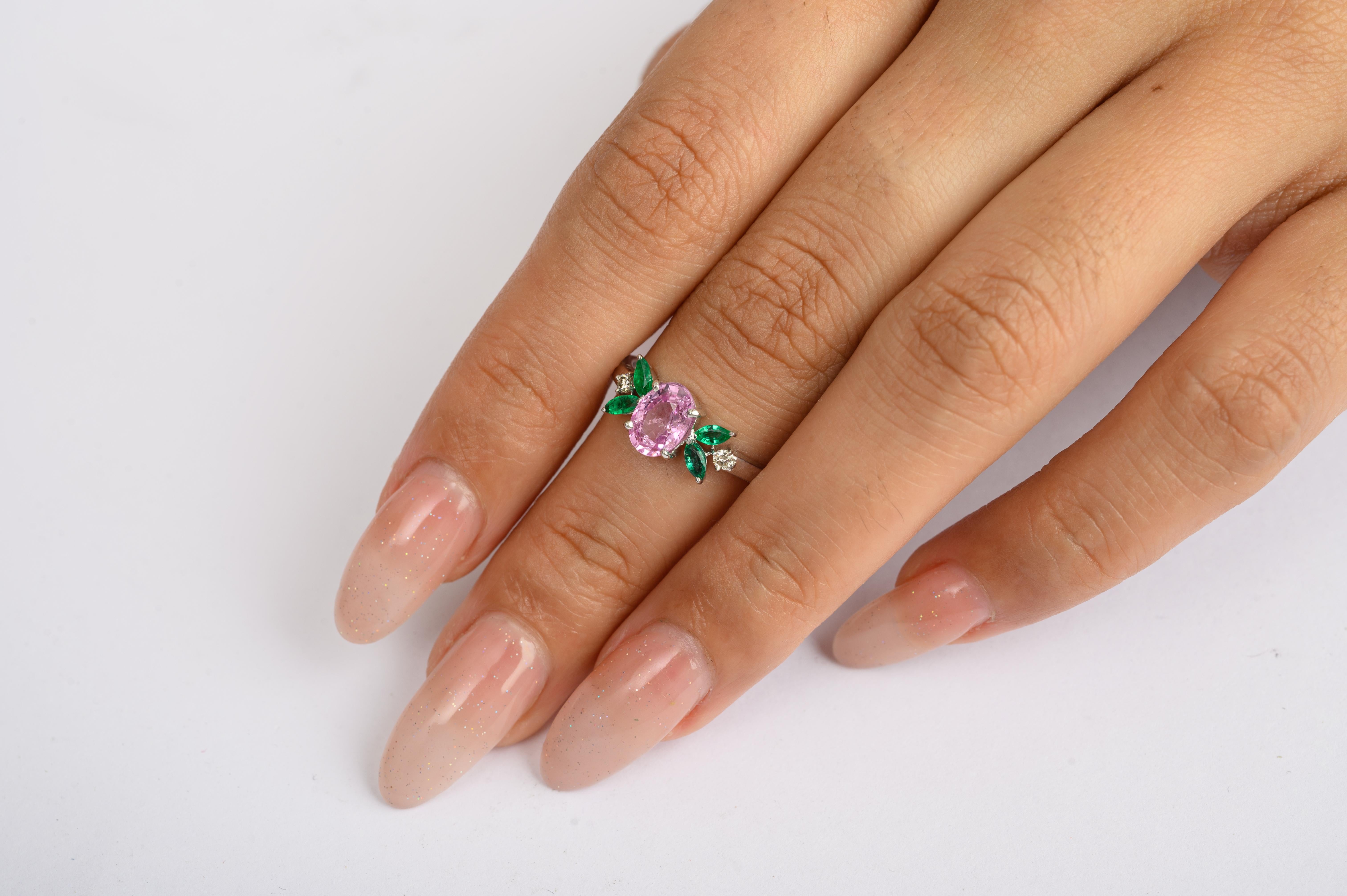 For Sale:  Genuine Pink Sapphire and Emerald Flower Ring in 14 Karat White Gold 2