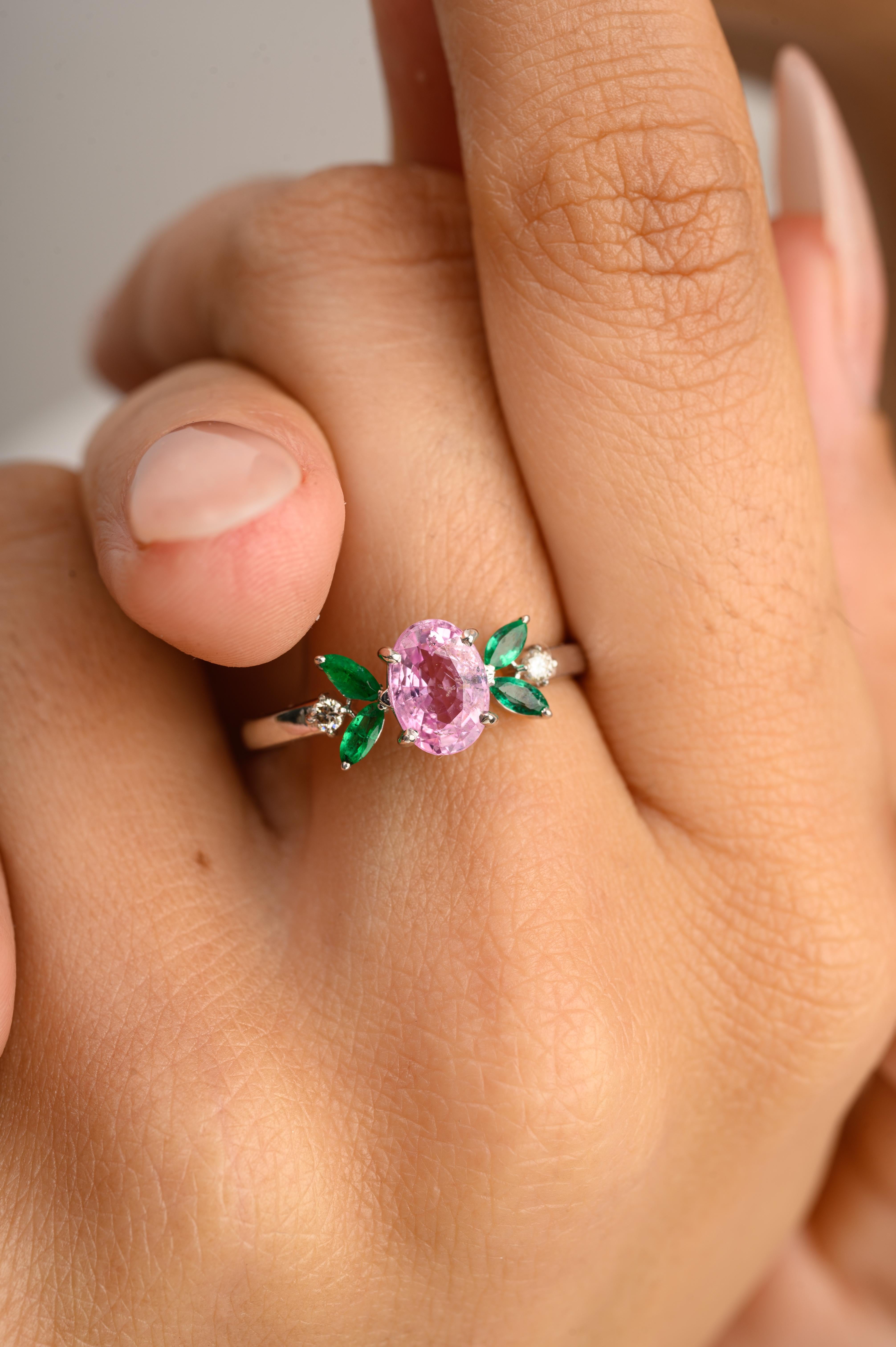 For Sale:  Genuine Pink Sapphire and Emerald Flower Ring in 14 Karat White Gold 4