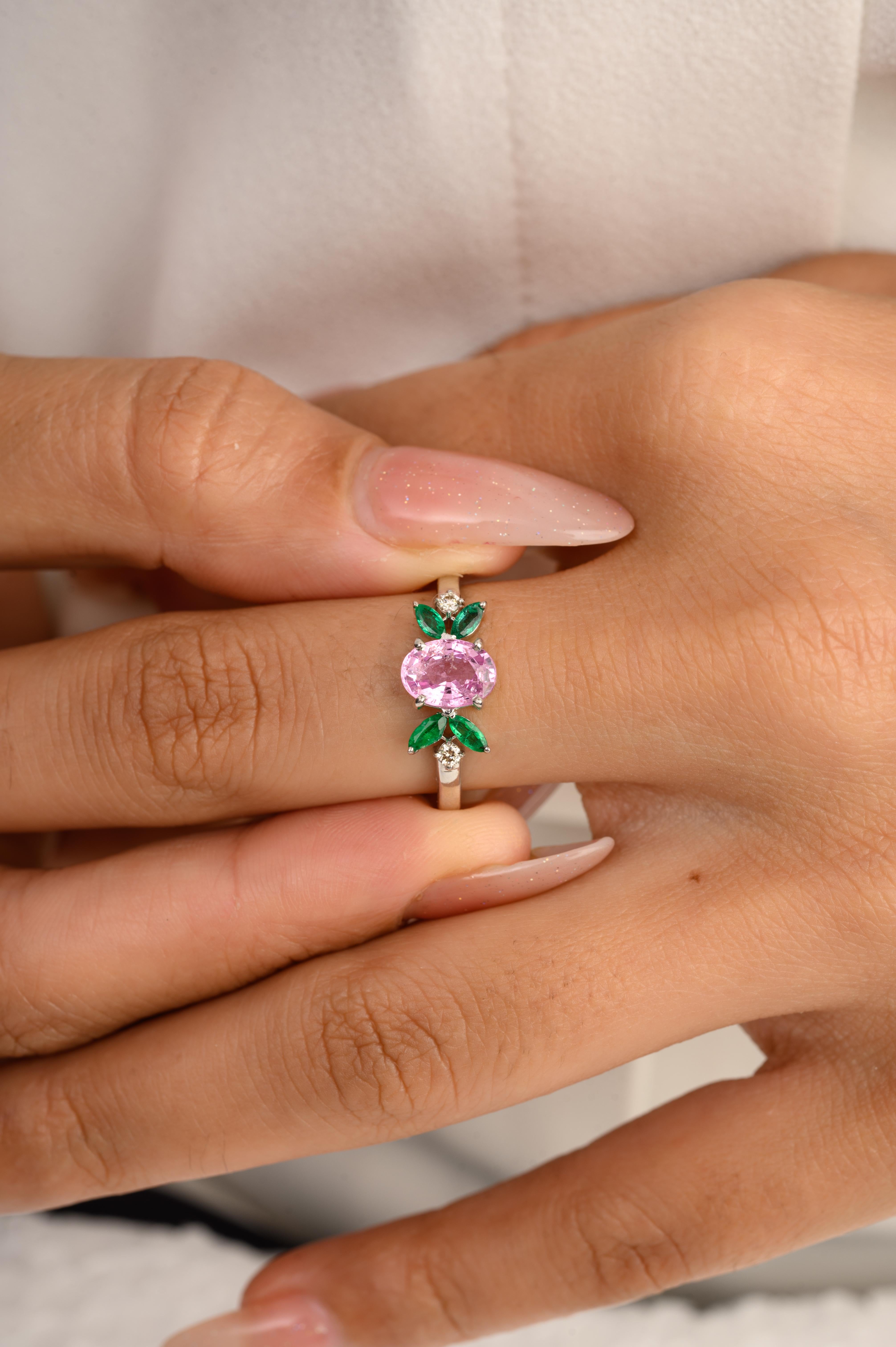 For Sale:  Genuine Pink Sapphire and Emerald Flower Ring in 14 Karat White Gold 6