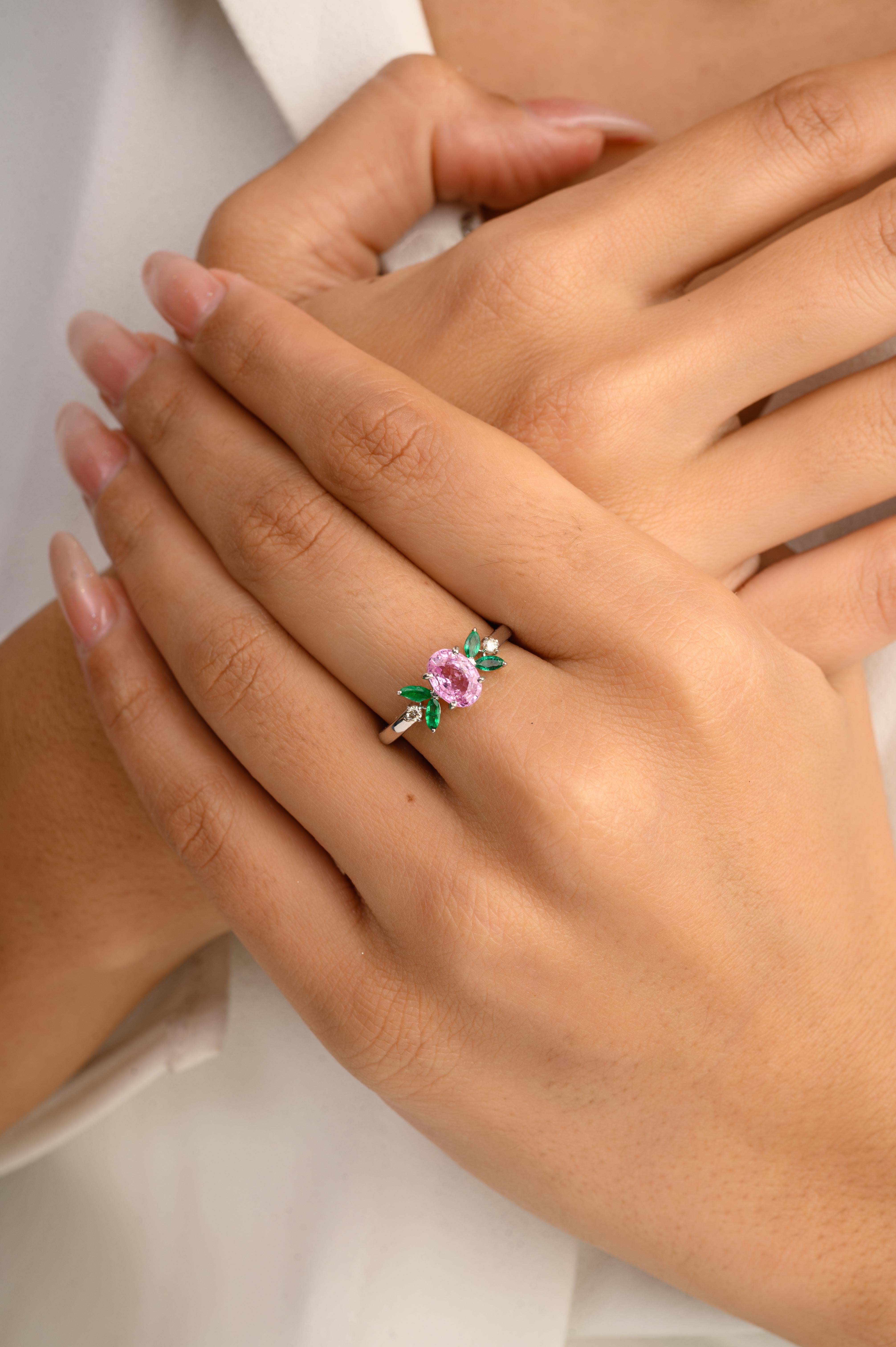 For Sale:  Genuine Pink Sapphire and Emerald Flower Ring in 14 Karat White Gold 9