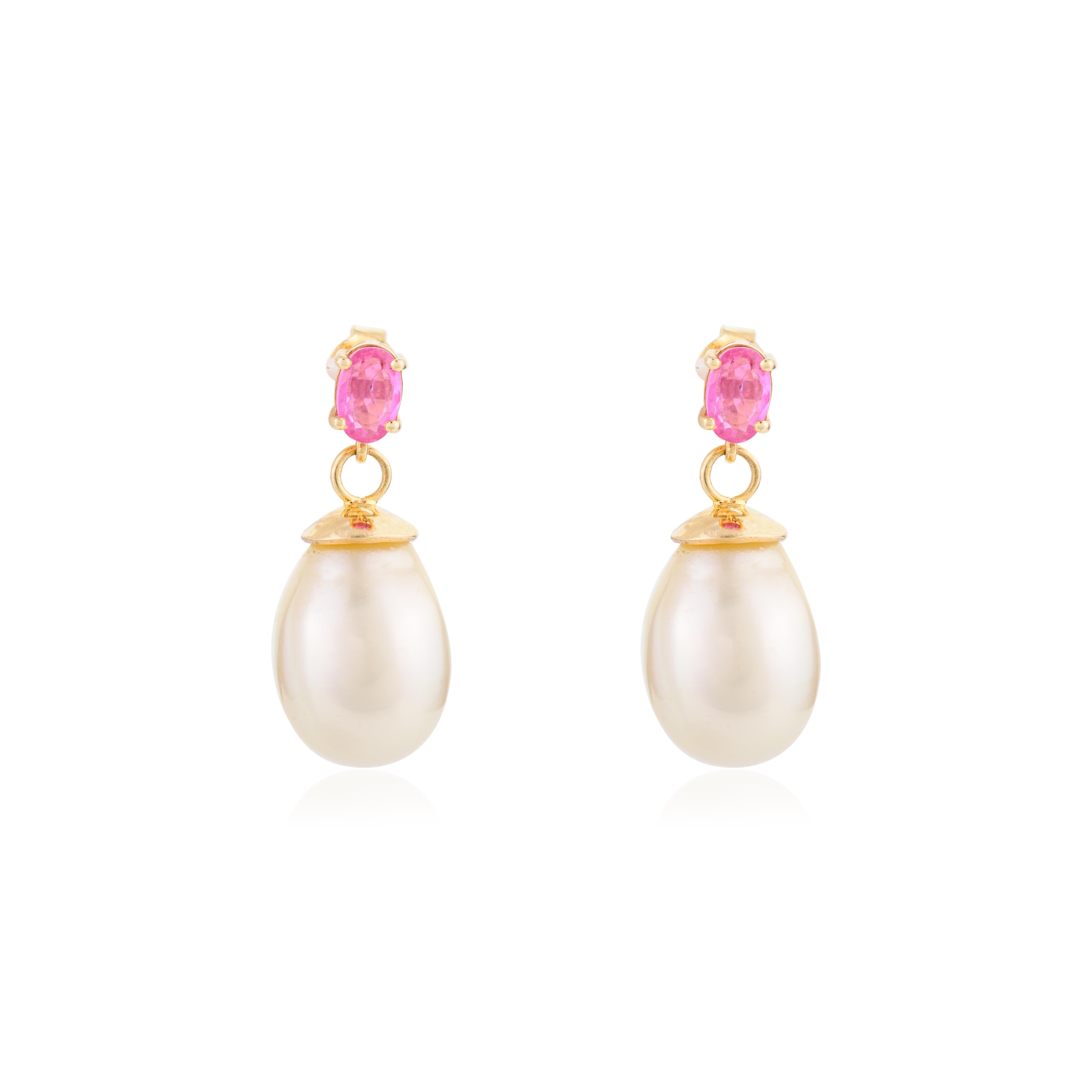 Modernist Genuine Pink Sapphire South Sea Pearl Drop Earrings for Grandma 18k Yellow Gold For Sale