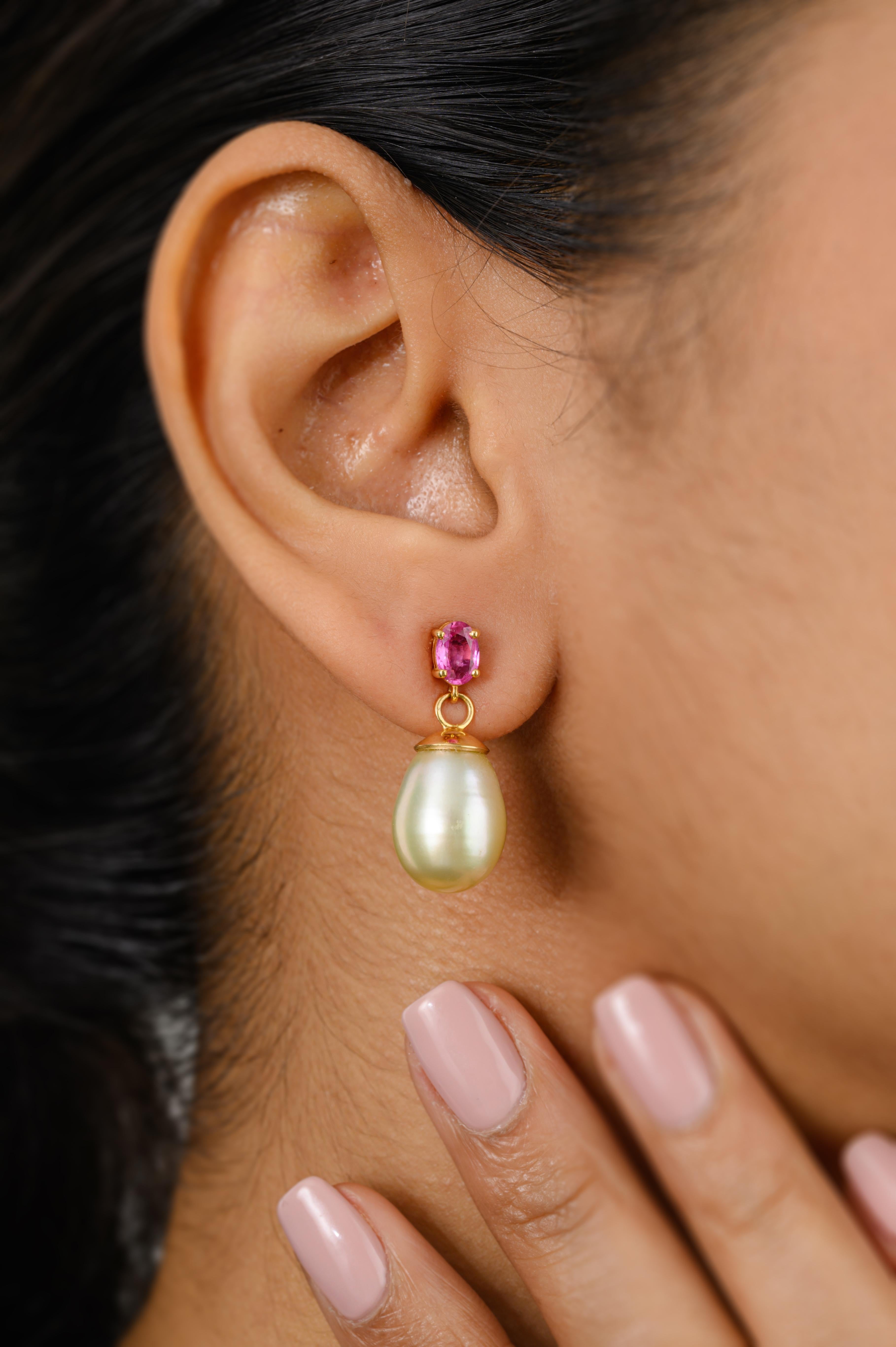 Mixed Cut Genuine Pink Sapphire South Sea Pearl Drop Earrings for Grandma 18k Yellow Gold For Sale