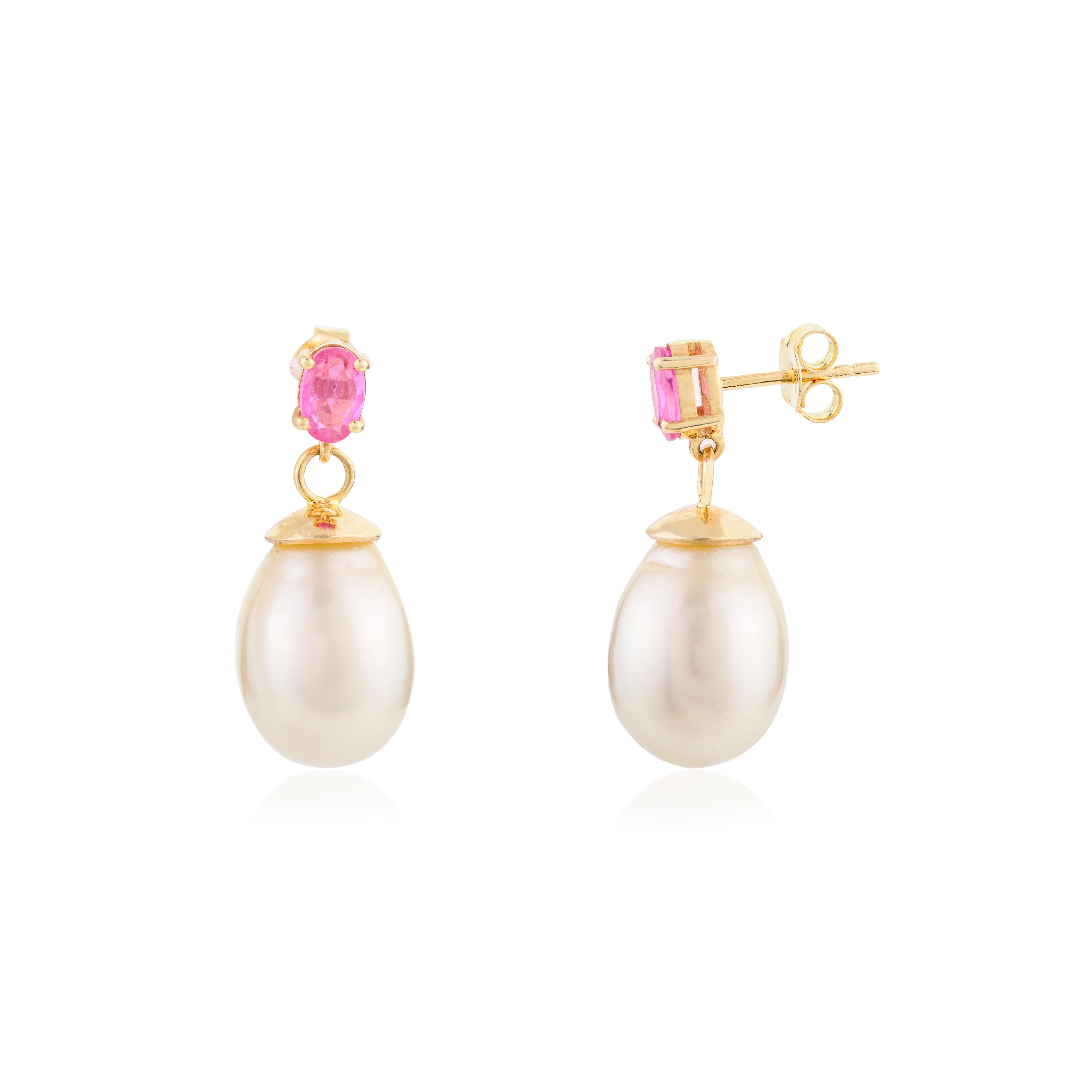 Genuine Pink Sapphire South Sea Pearl Drop Earrings for Grandma 18k Yellow Gold In New Condition For Sale In New York, NY