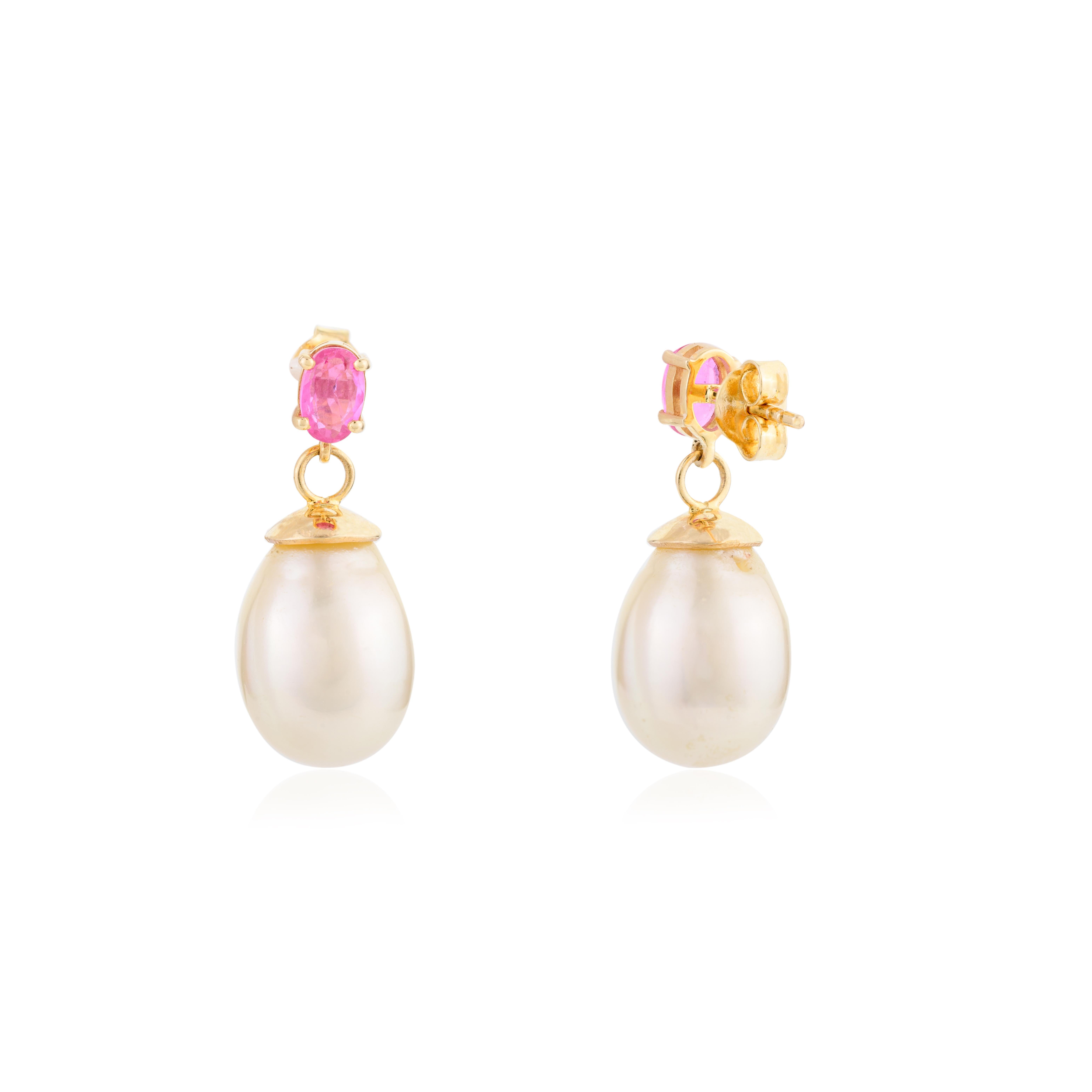 Women's Genuine Pink Sapphire South Sea Pearl Drop Earrings for Grandma 18k Yellow Gold For Sale