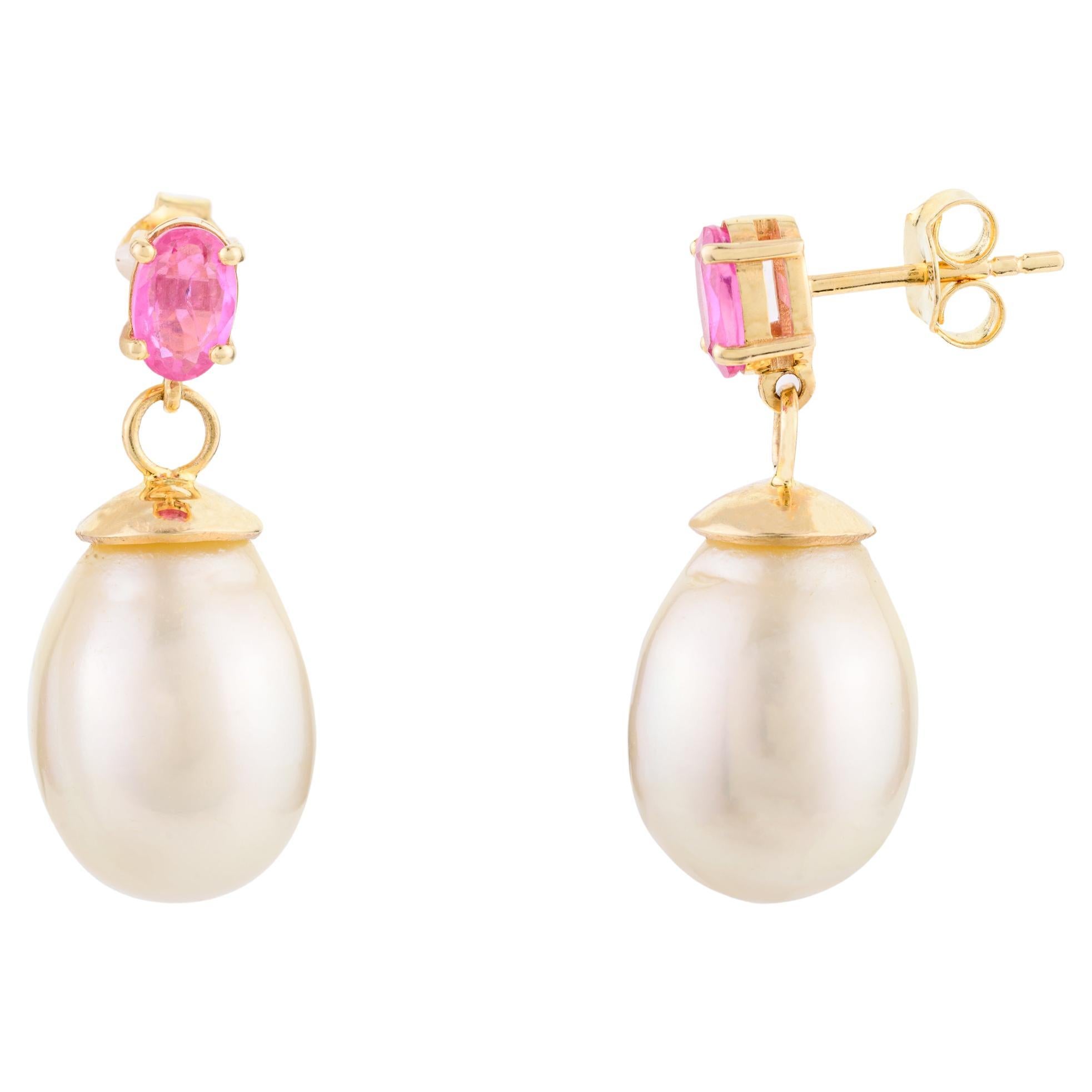 Genuine Pink Sapphire South Sea Pearl Drop Earrings for Grandma 18k Yellow Gold For Sale
