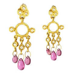 Genuine Pink Tourmaline and Natural Diamond Earrings in Solid 18 Karat Gold