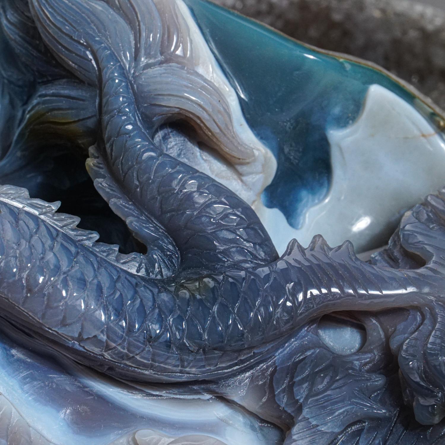 Genuine Polished Blue Agate Druzy Hand Carved Dragon In Excellent Condition In New York, NY