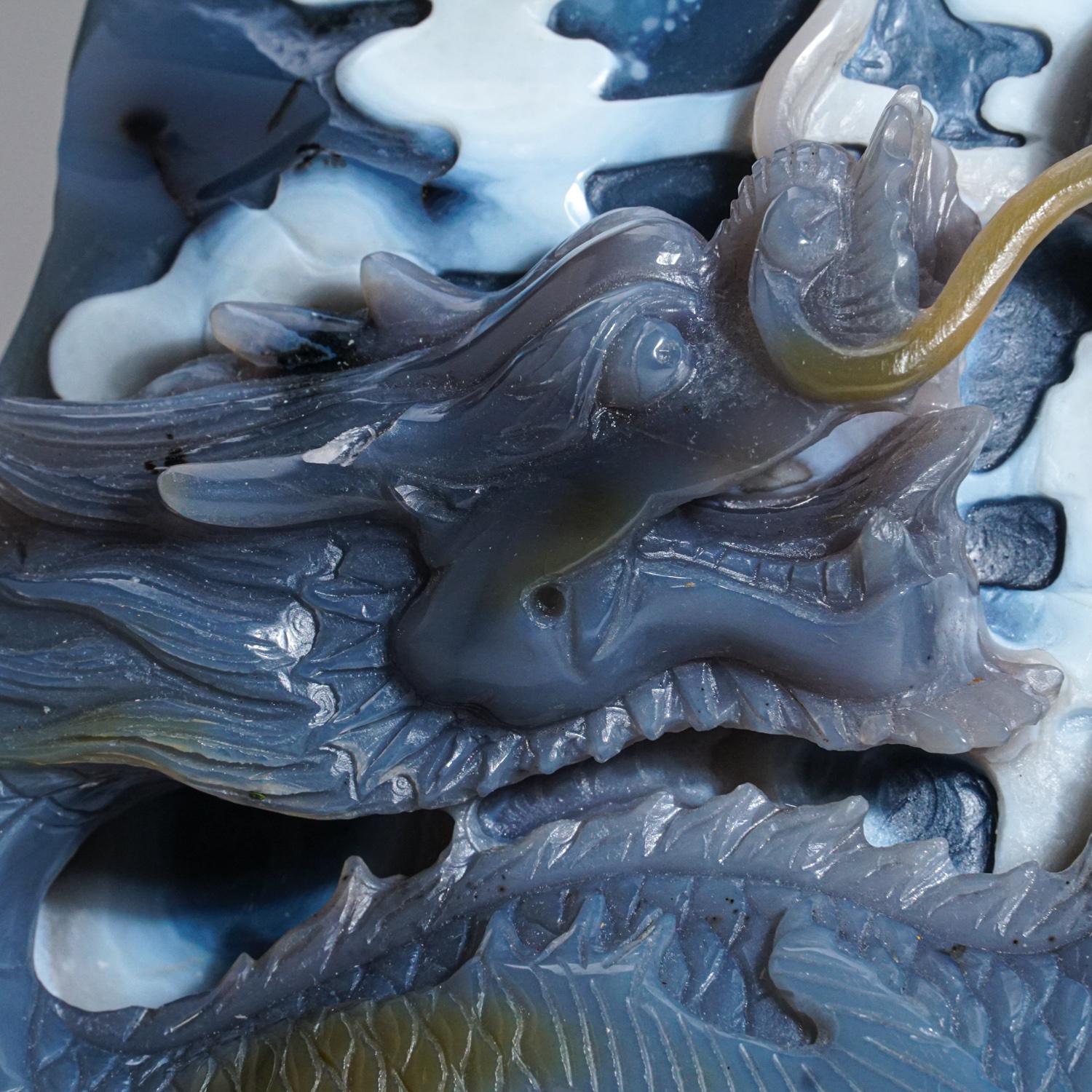 Contemporary Genuine Polished Blue Agate Druzy Hand Carved Dragon