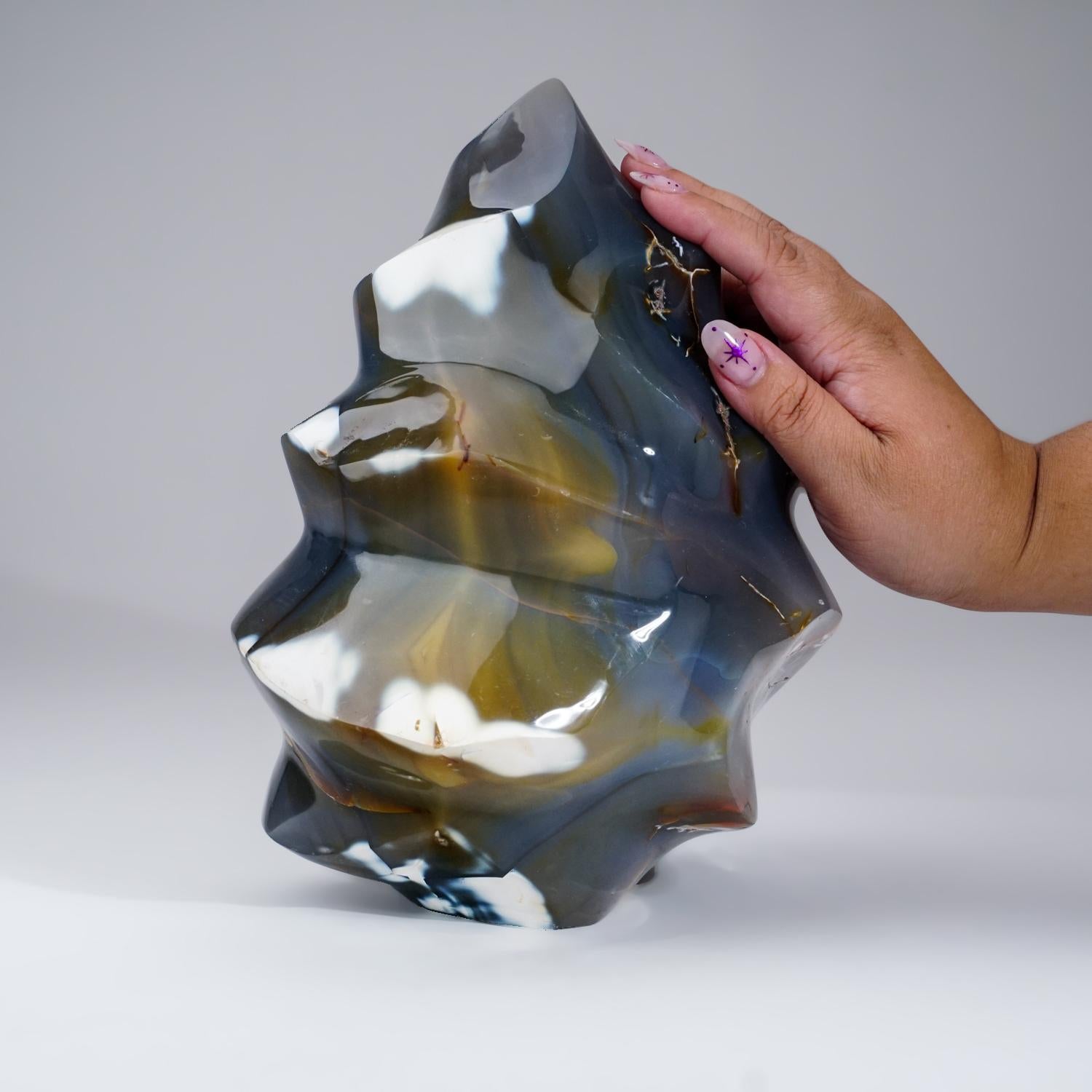 Autentico calcedonio blu lucidato, pietra orca a forma di fiamma (15.6 lbs) In condizioni Nuovo in vendita a New York, NY