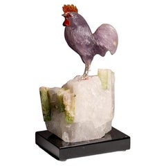 Genuine Polished Hand Carved Amethyst Rooster on a Quartz Matrix (8.5"H)