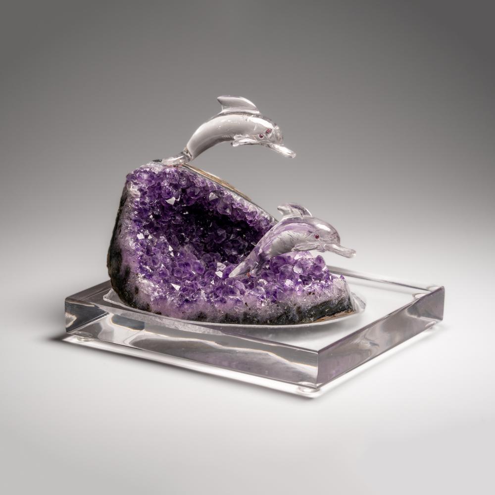 Genuine Polished Hand Carved Clear Quartz Dolphins on a Amethyst Geode (5
