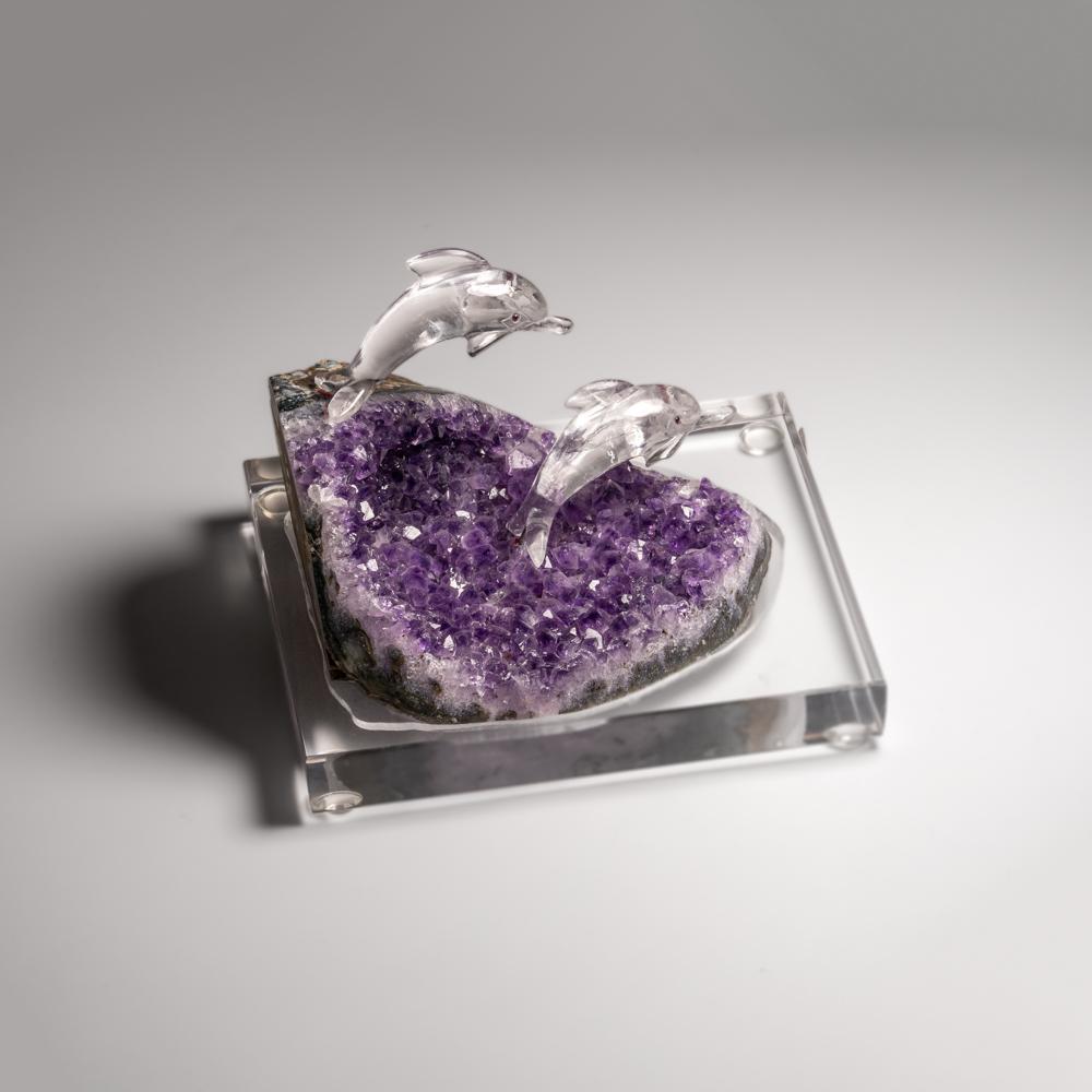 Genuine Polished Hand Carved Clear Quartz Dolphins on a Amethyst Geode (5