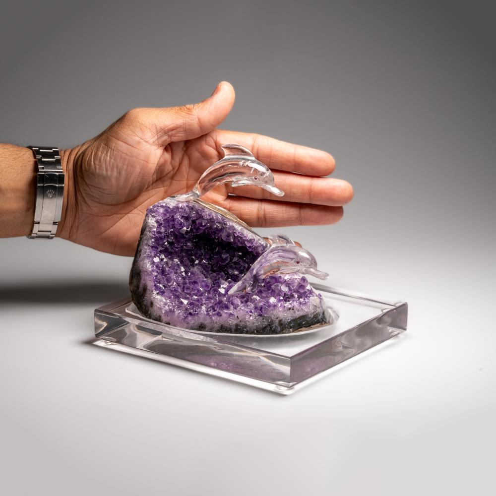 Genuine Polished Hand Carved Clear Quartz Dolphins on a Amethyst Geode (5