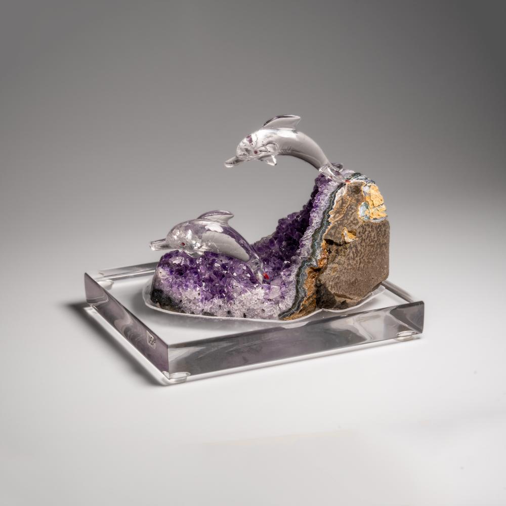 Contemporary Genuine Polished Hand Carved Clear Quartz Dolphins on a Amethyst Geode (5