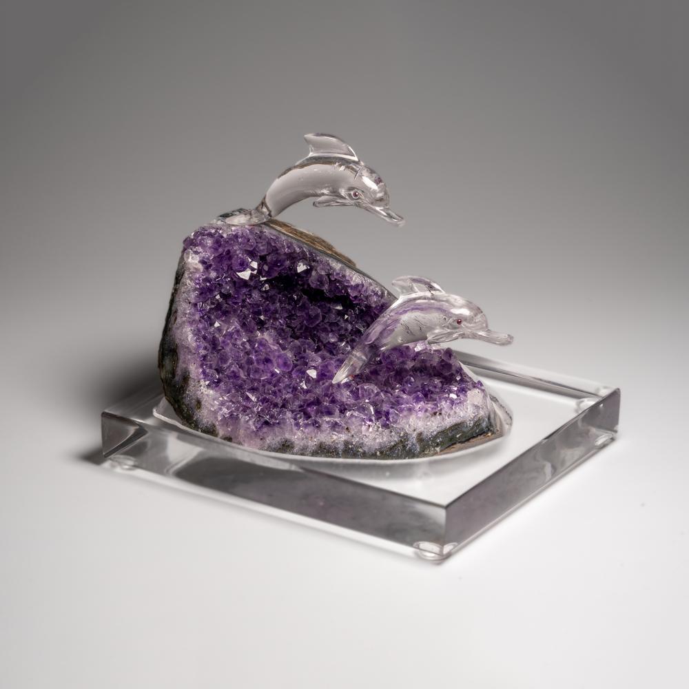 Crystal Genuine Polished Hand Carved Clear Quartz Dolphins on a Amethyst Geode (5