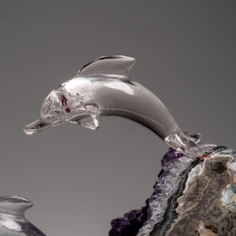Genuine Polished Hand Carved Clear Quartz Dolphins on a Amethyst Geode (5