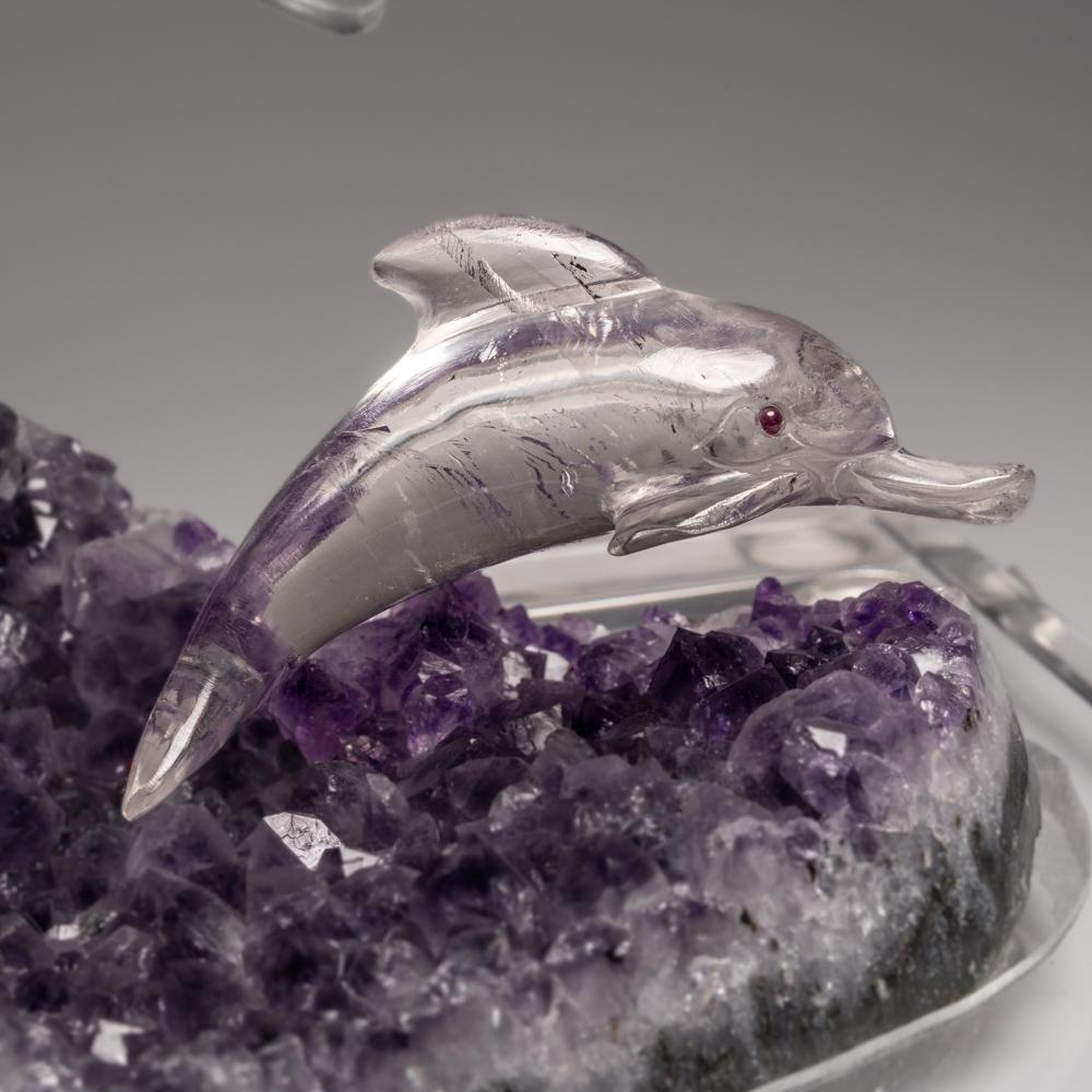 Genuine Polished Hand Carved Clear Quartz Dolphins on a Amethyst Geode (5