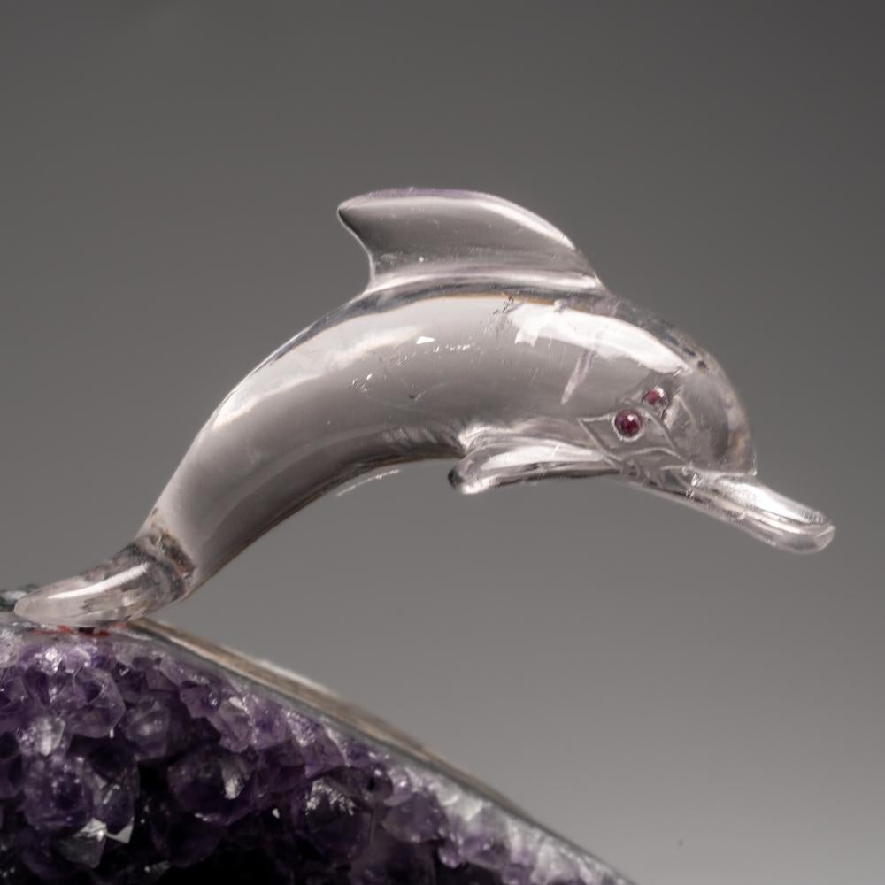 Genuine Polished Hand Carved Clear Quartz Dolphins on a Amethyst Geode (5