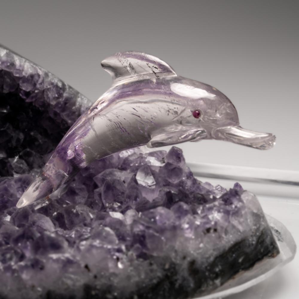 Genuine Polished Hand Carved Clear Quartz Dolphins on a Amethyst Geode (5