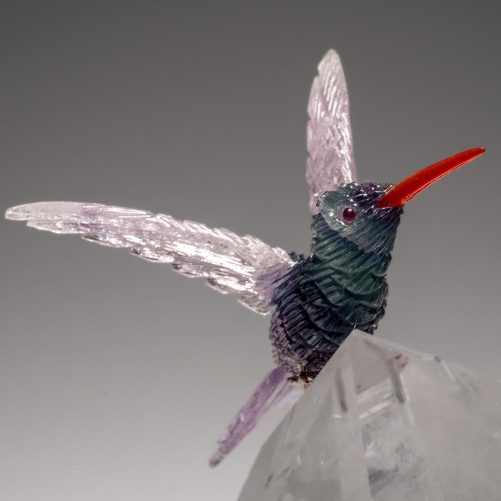 Genuine Polished Hand Carved Fluorite Hummingbirds on a Clear Quartz Point (6