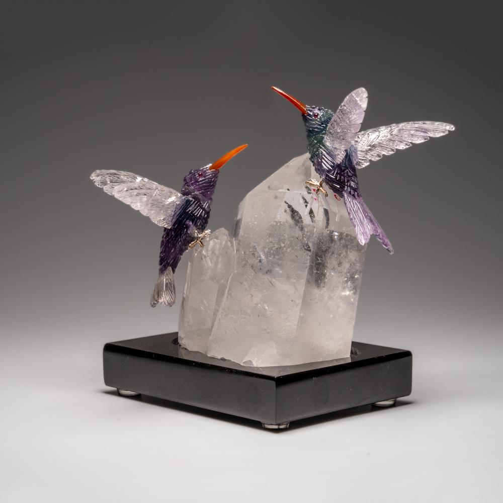 Genuine Polished Hand Carved Fluorite Hummingbirds on a Clear Quartz Point (6