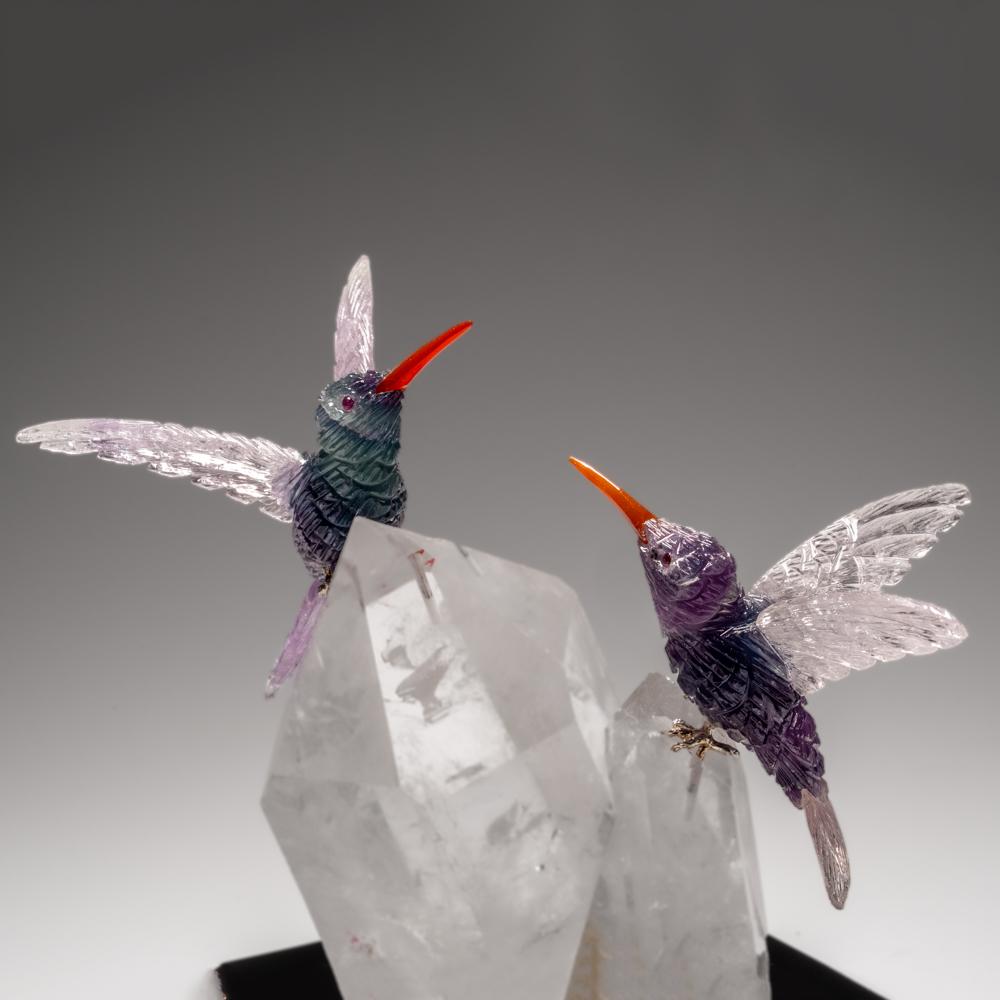 Contemporary Genuine Polished Hand Carved Fluorite Hummingbirds on a Clear Quartz Point (6