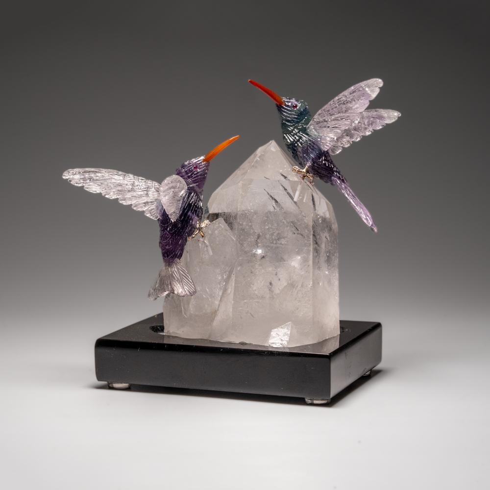 Crystal Genuine Polished Hand Carved Fluorite Hummingbirds on a Clear Quartz Point (6