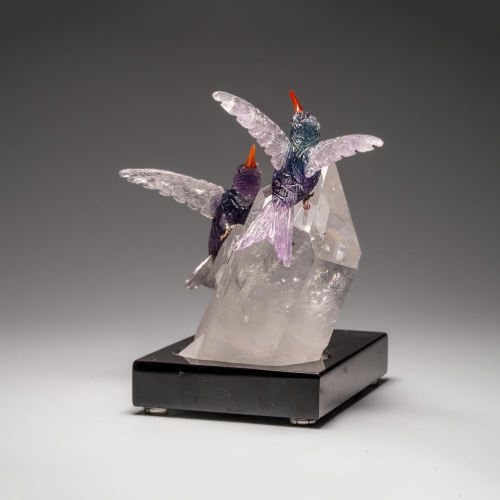 Genuine Polished Hand Carved Fluorite Hummingbirds on a Clear Quartz Point (6