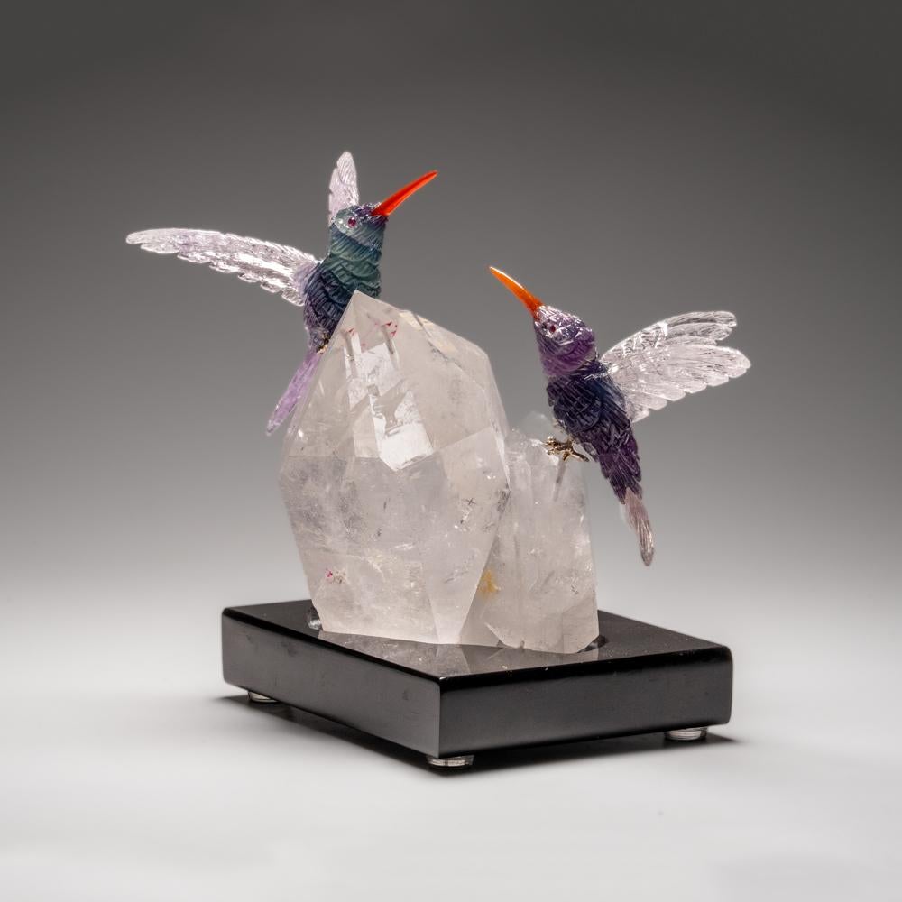 Genuine Polished Hand Carved Fluorite Hummingbirds on a Clear Quartz Point (6