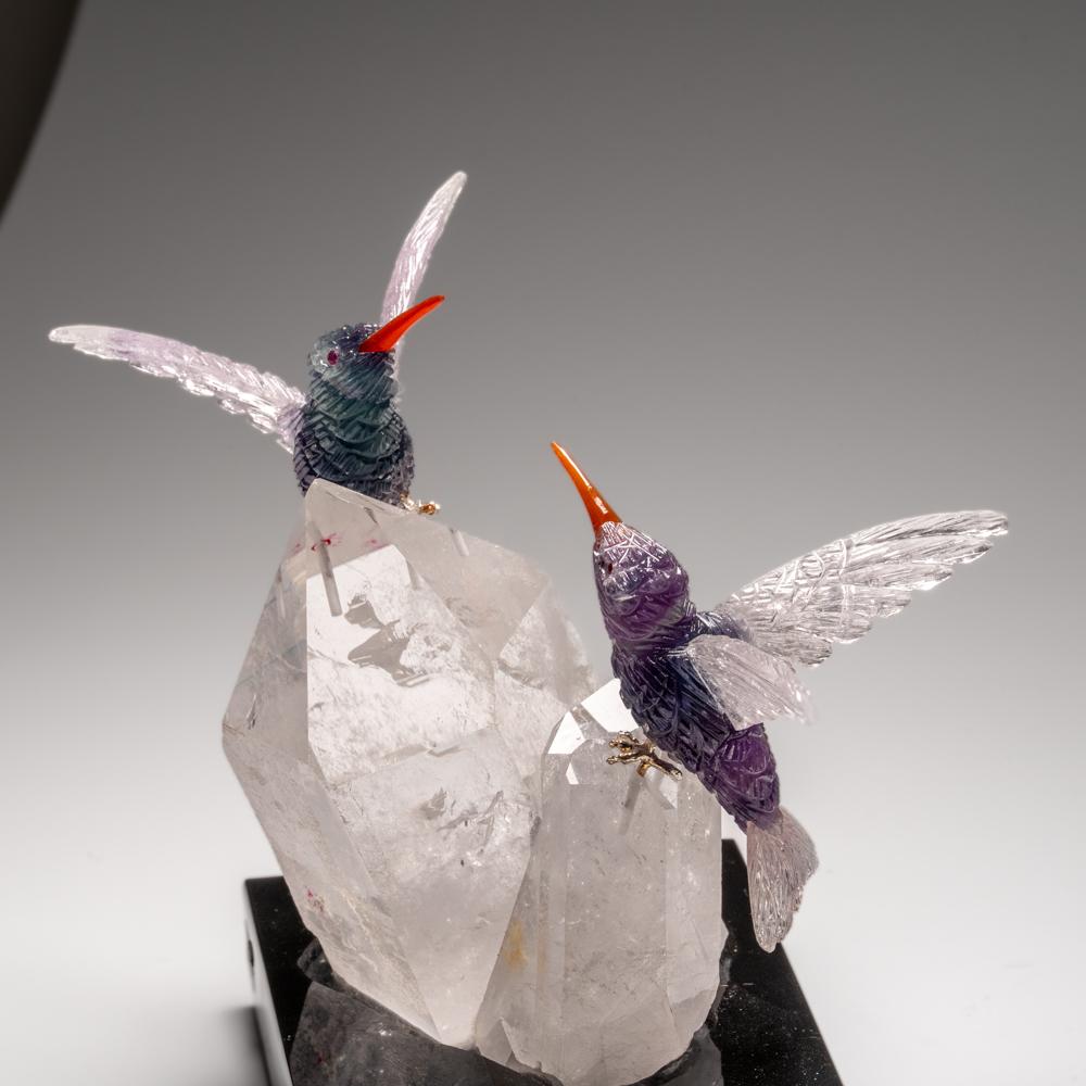 Genuine Polished Hand Carved Fluorite Hummingbirds on a Clear Quartz Point (6