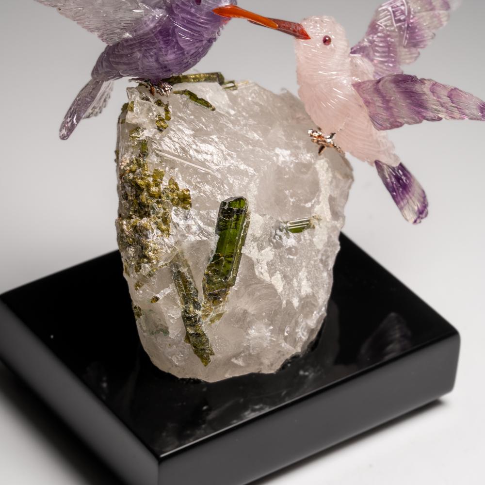 XXIe siècle et contemporain De véritables oiseaux chantournés en quartz, sculptés à la main sur tourmaline verte en vente