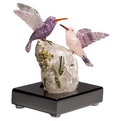 Genuine Polished Hand Carved Fluorite Hummingbirds on Green Tourmaline in Quartz
