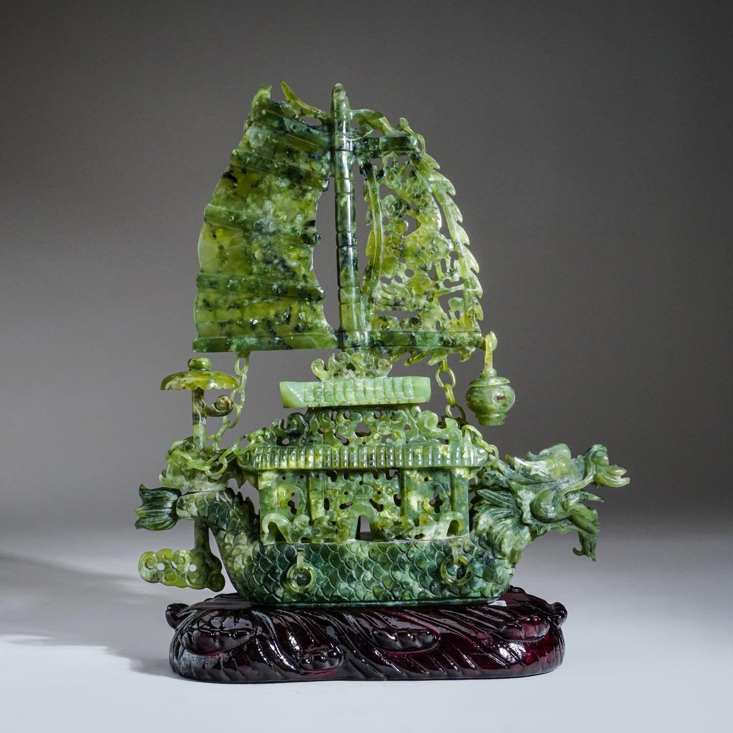 Hand-Crafted Genuine Polished Hand Carved Jade Ship on Wooden Display Stand For Sale