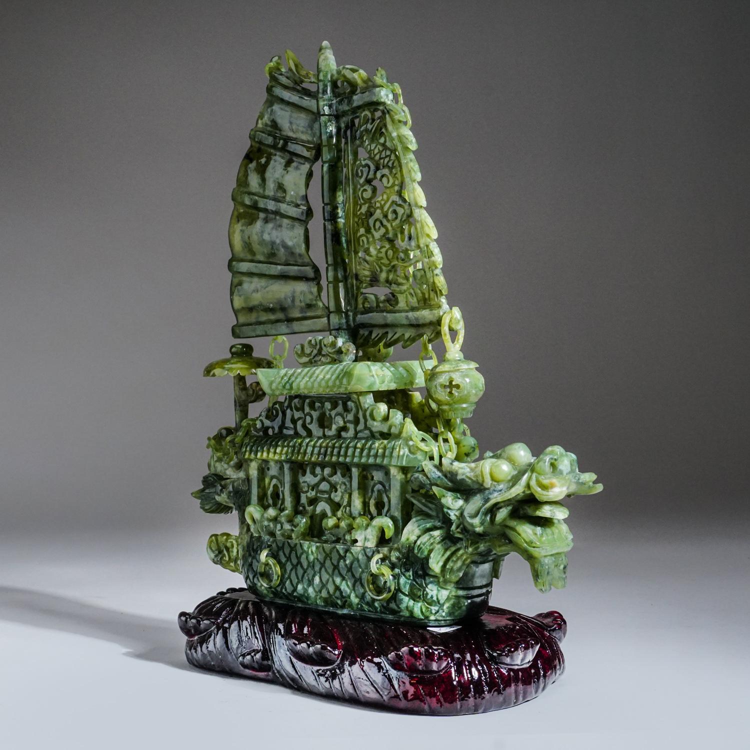 Genuine Polished Hand Carved Jade Ship on Wooden Display Stand In Excellent Condition For Sale In New York, NY