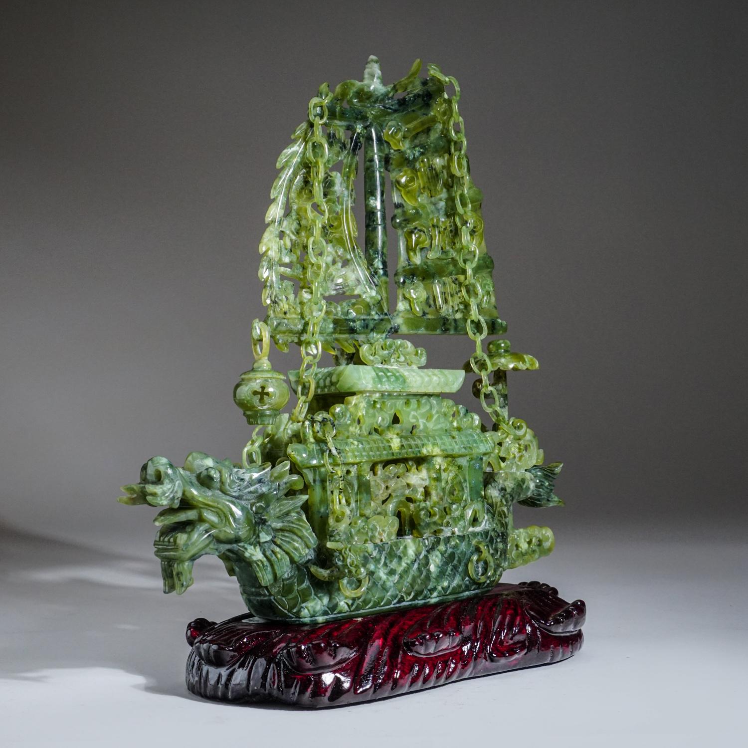 Contemporary Genuine Polished Hand Carved Jade Ship on Wooden Display Stand For Sale