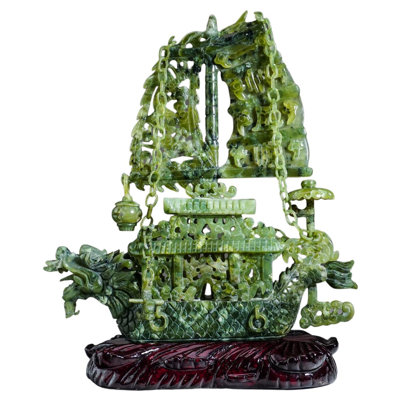 Genuine Polished Hand Carved Jade Ship on Wooden Display Stand For Sale