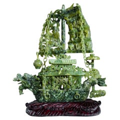 Genuine Polished Hand Carved Jade Ship on Wooden Display Stand