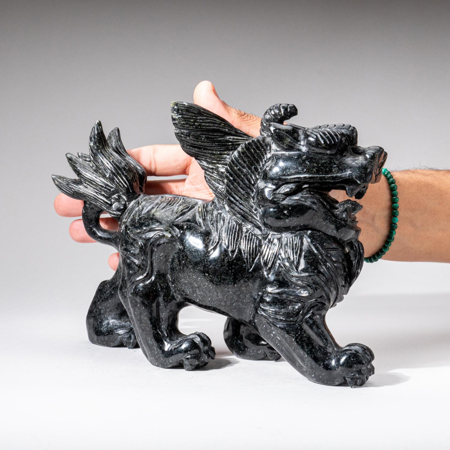 Contemporary Genuine Polished Hand Carved Nephrite Jade Foo Dog (5.1 lbs) For Sale