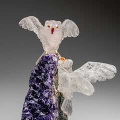 Genuine Polished Hand Carved Owls on a Amethyst Geode (5"H)