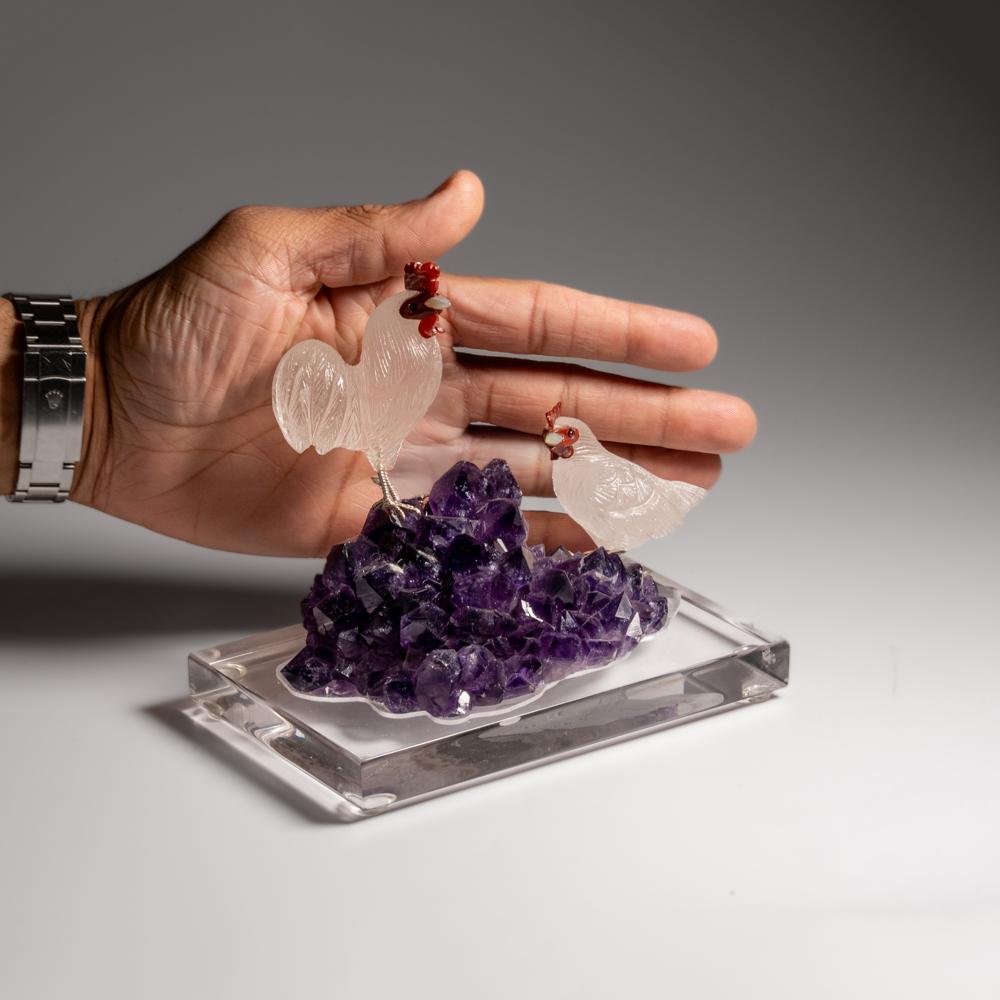 Genuine Polished Hand Carved Quartz Rooster on a Amethyst Cluster (6