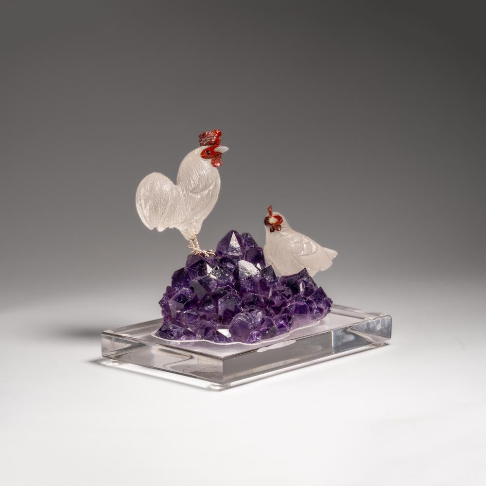 Contemporary Genuine Polished Hand Carved Quartz Rooster on a Amethyst Cluster (6