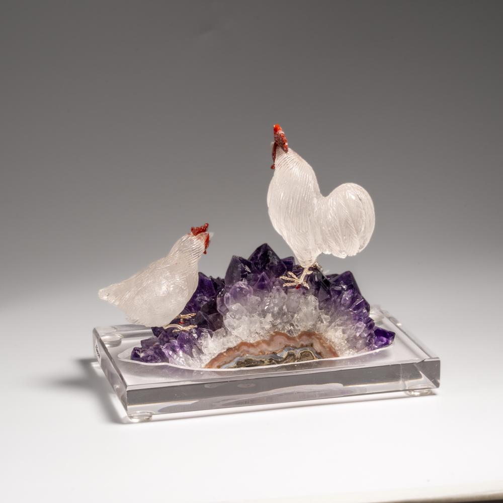 Crystal Genuine Polished Hand Carved Quartz Rooster on a Amethyst Cluster (6