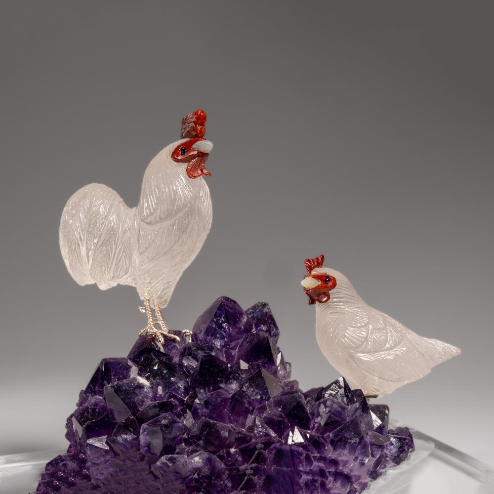 Genuine Polished Hand Carved Quartz Rooster on a Amethyst Cluster (6