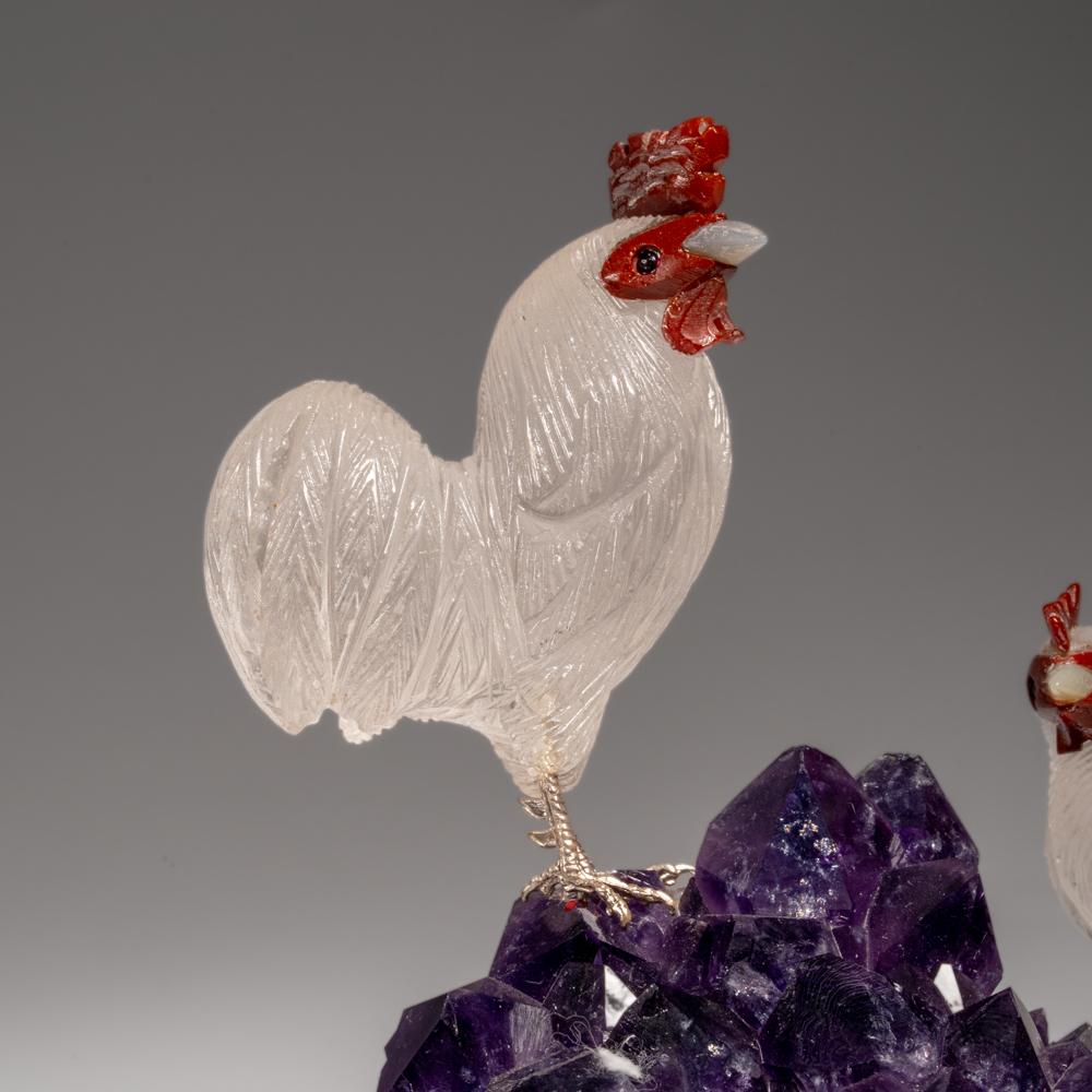 Genuine Polished Hand Carved Quartz Rooster on a Amethyst Cluster (6