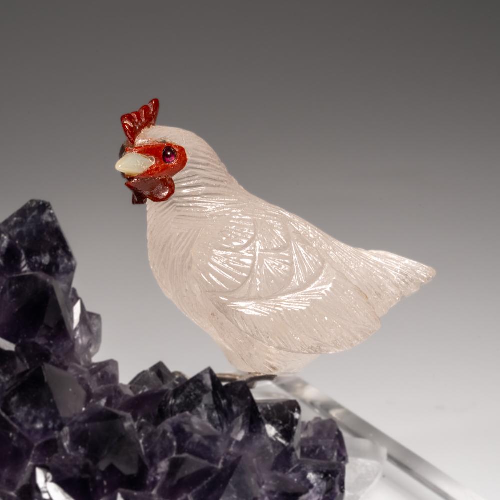 Genuine Polished Hand Carved Quartz Rooster on a Amethyst Cluster (6