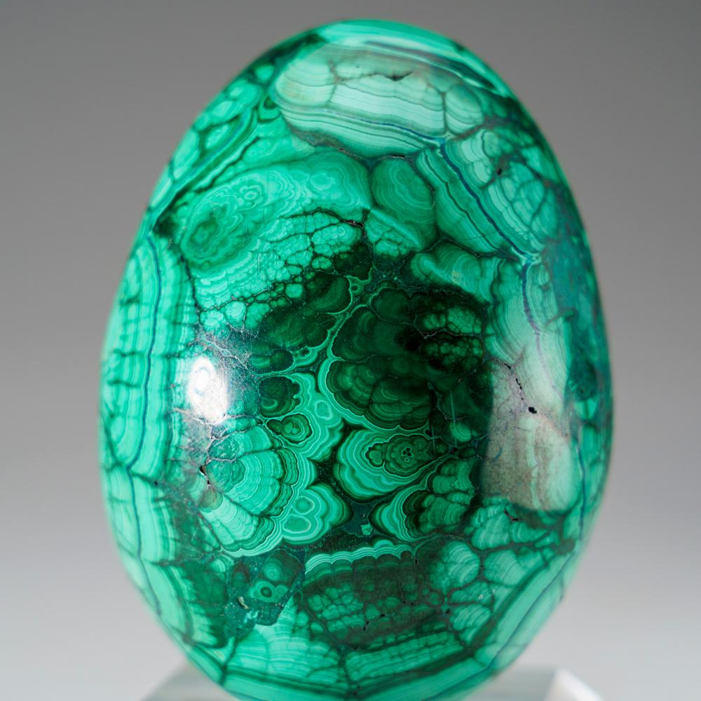 Crafted from top-quality malachite sourced from Zaire, this hand-polished egg boasts a distinct banded pattern and solid composition without any fill. Displayed on an acrylic stand, this stunning piece channels the energies of balance, abundance,