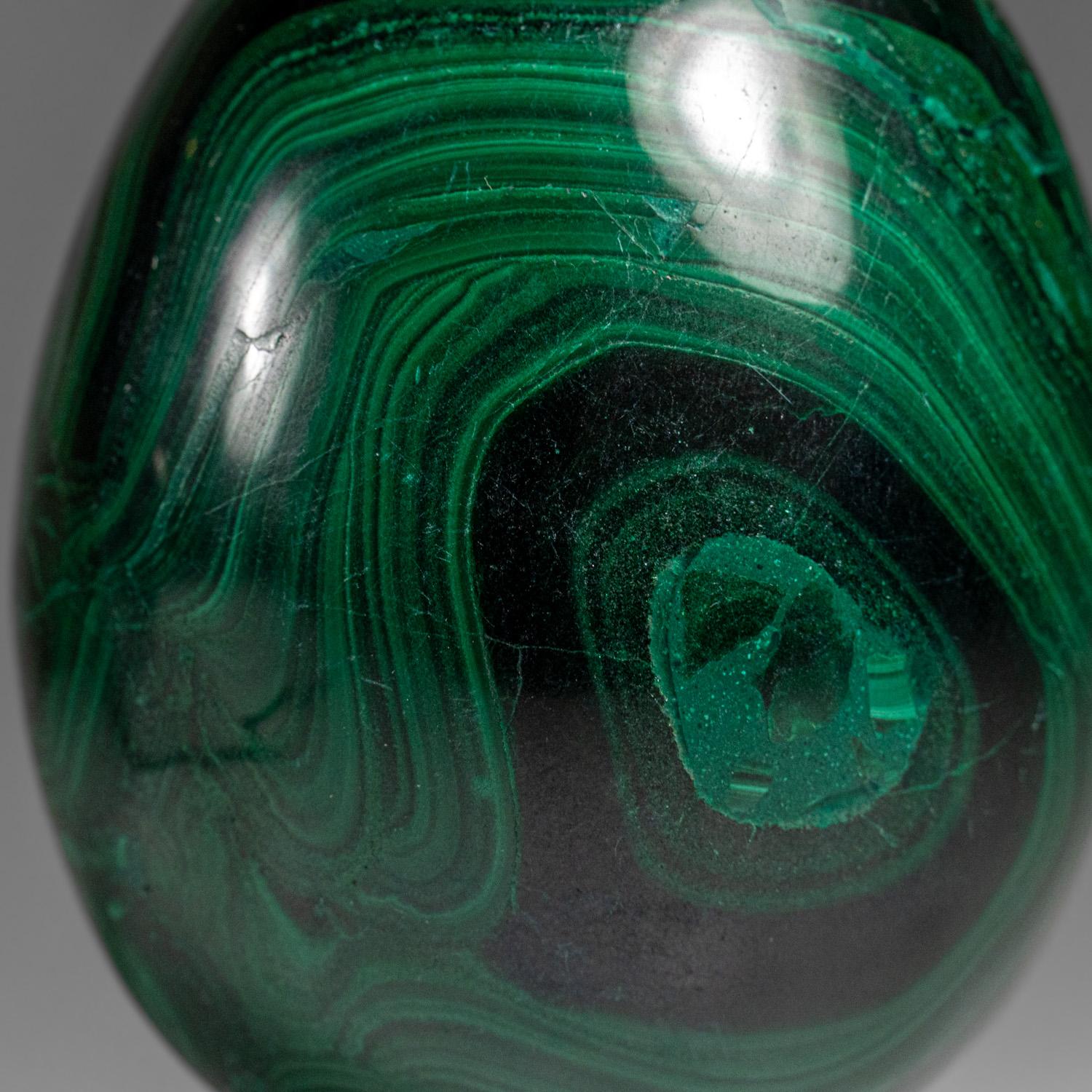 Crafted from top-quality malachite sourced from Zaire, this hand-polished egg boasts a distinct banded pattern and solid composition without any fill. Displayed on an acrylic stand, this stunning piece channels the energies of balance, abundance,