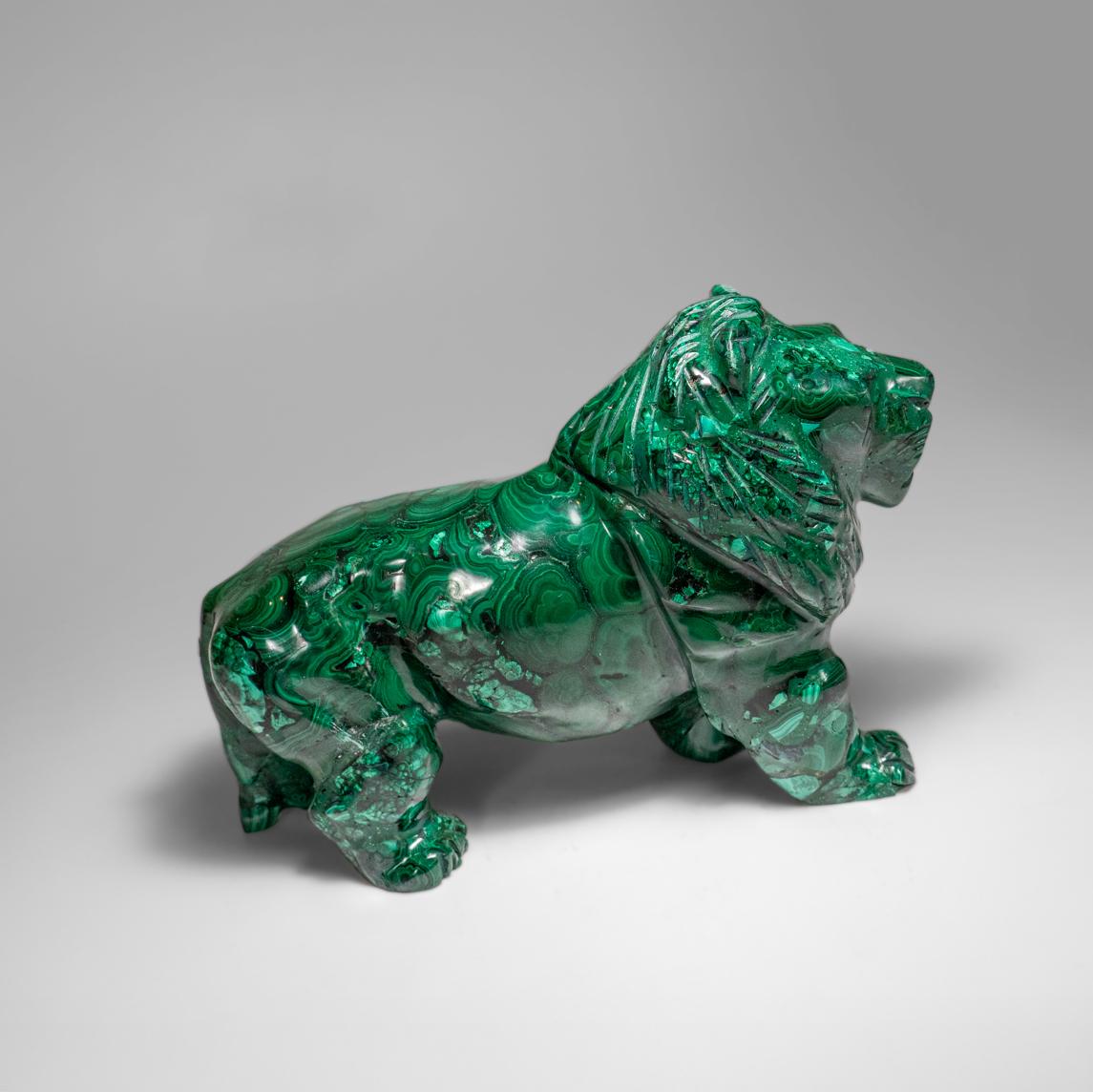 Genuine Polished Malachite Lion Carving (5.2 lbs) In Excellent Condition For Sale In New York, NY