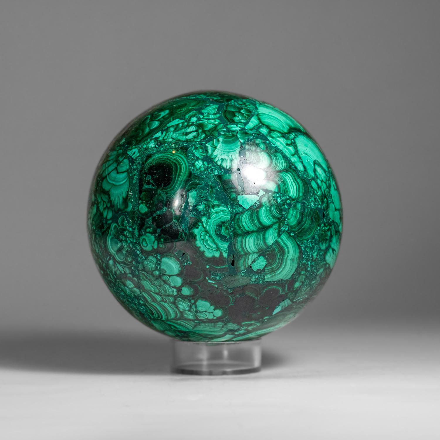 Genuine Polished Malachite Sphere (2.4 lbs) In Excellent Condition For Sale In New York, NY
