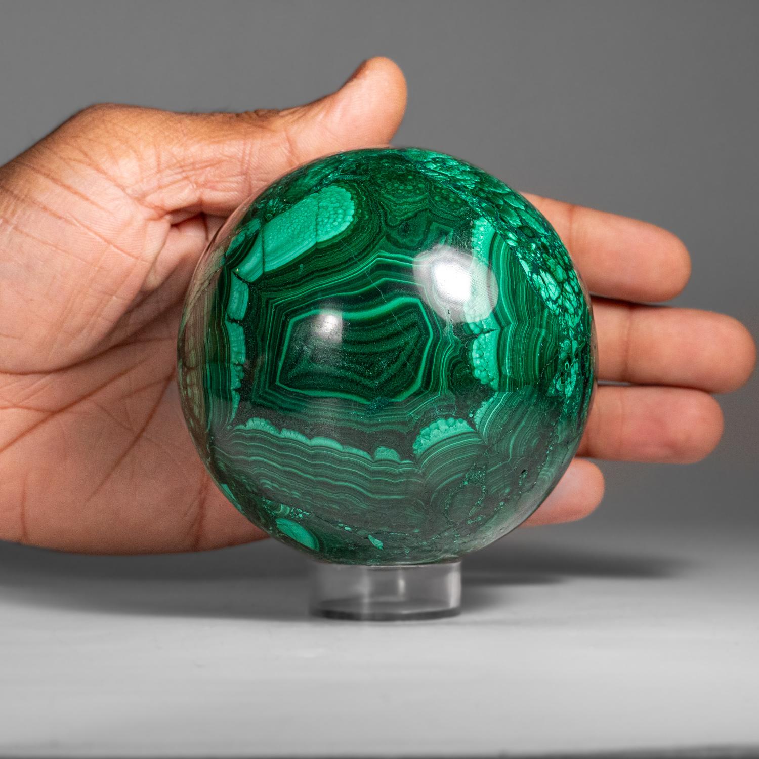 Genuine Polished Malachite Sphere (2.55 lbs) In Excellent Condition For Sale In New York, NY